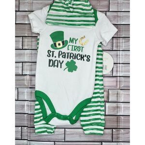 New Baby Kiss 3-6 Months 3 Piece Outfit My 1st‎ St. Patrick's Green White Cap
